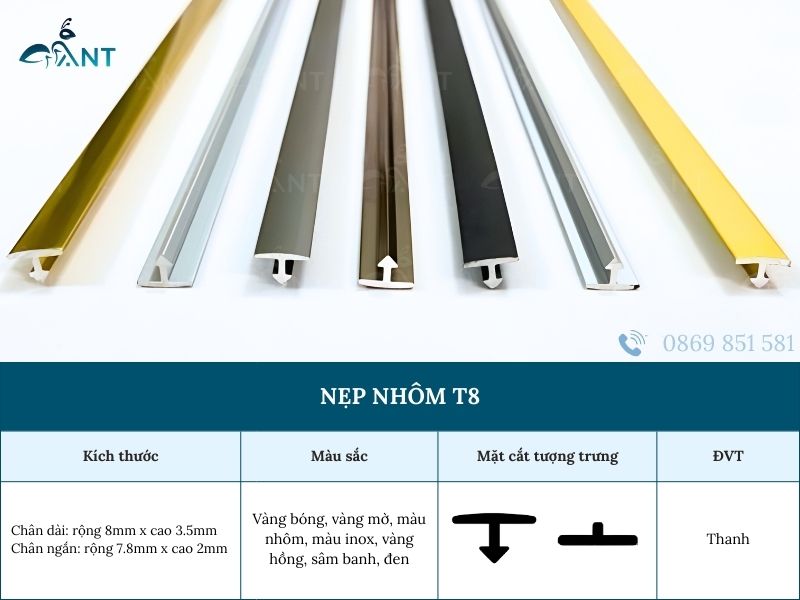 Nẹp nhôm chữ T8 mm