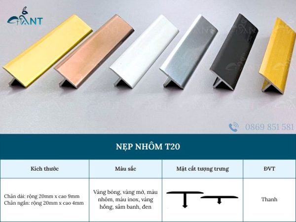 Nẹp nhôm chữ T20 mm