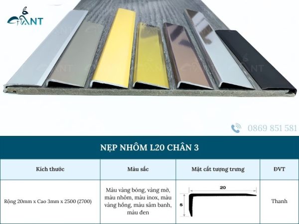 Nẹp nhôm L20 chân 3mm