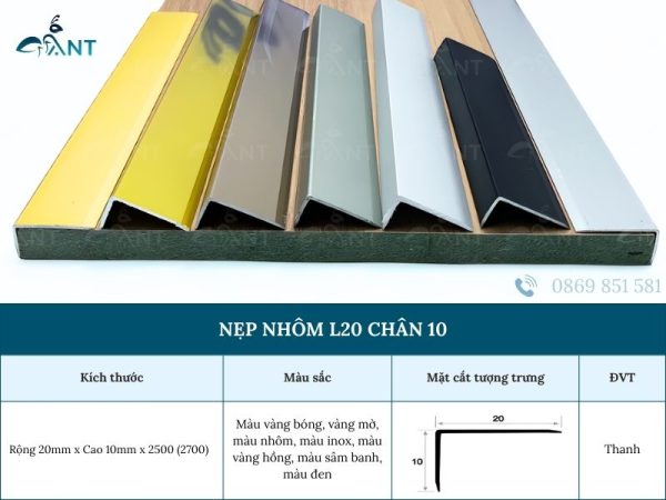 Nẹp nhôm L20 chân 10mm